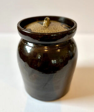 Studio Pottery Lidded Jar Brown Drip Glaze Stoneware Crock Canister 7.5"